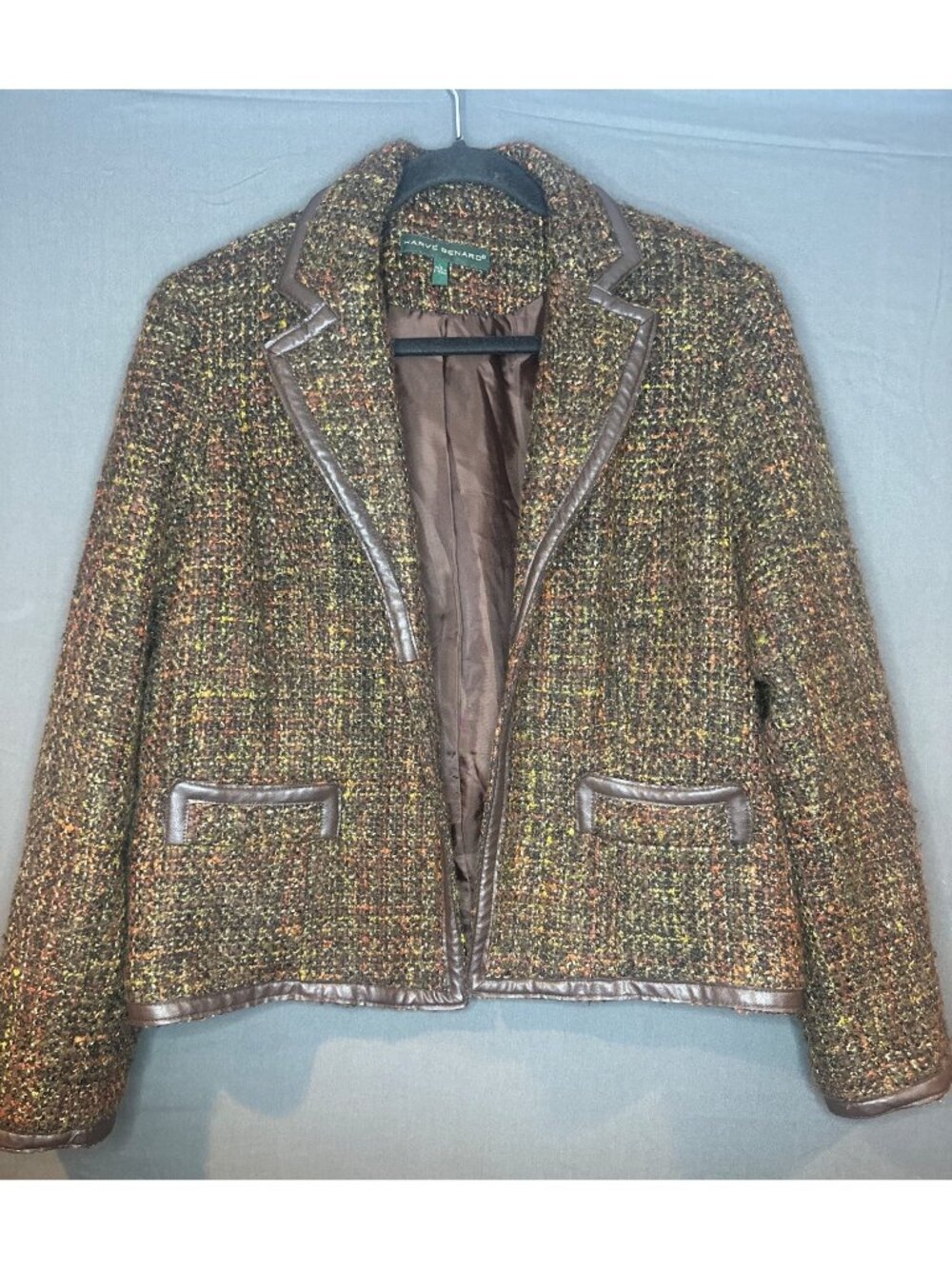 Harve Benard Womens L Tweed Blazer Multicolor Faux Leather Trim Academia Fall